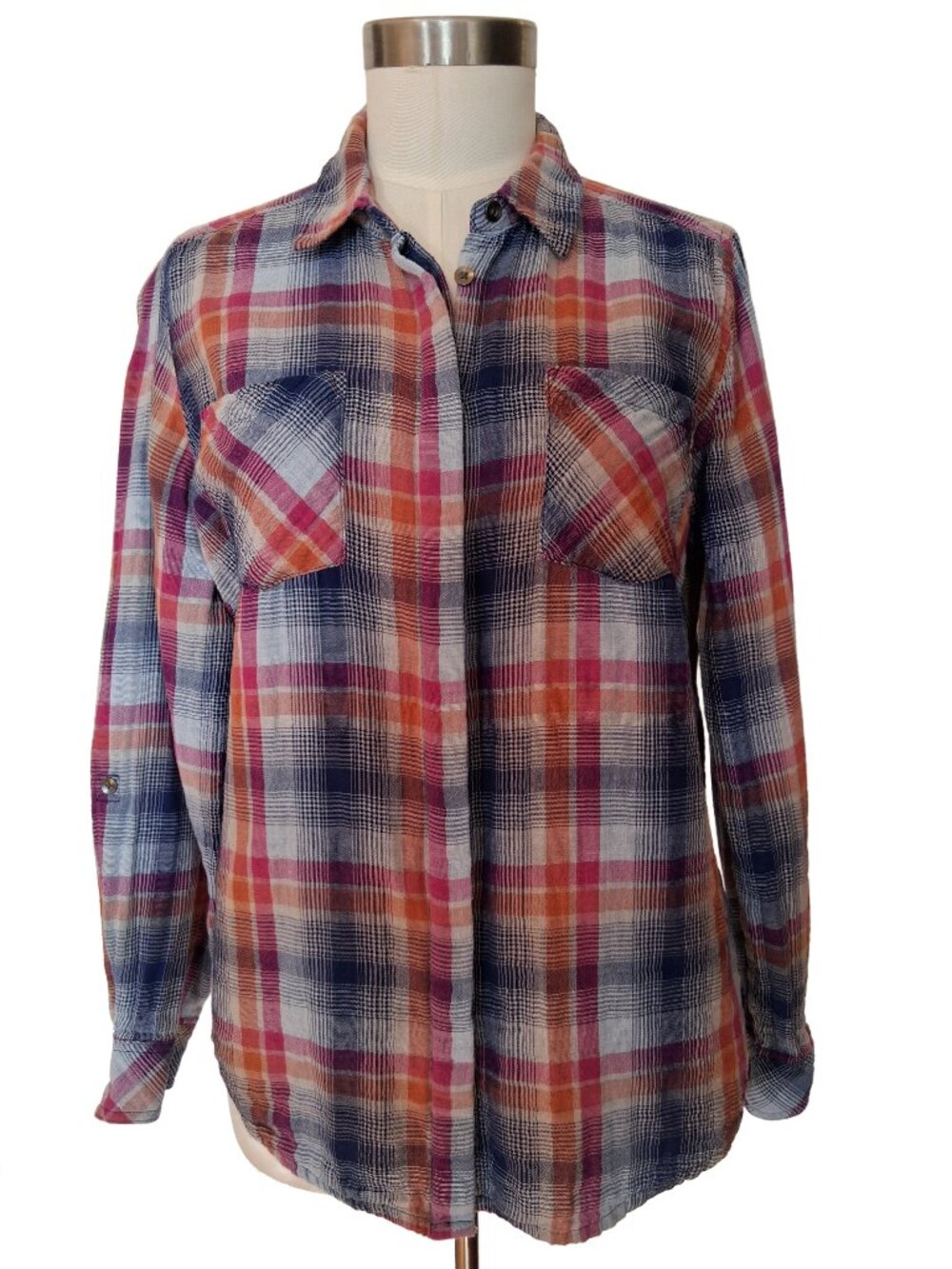 FDJ Cotton Gauze Button Front Women's Casual Shirt Blue & Pink Plaid Size 10